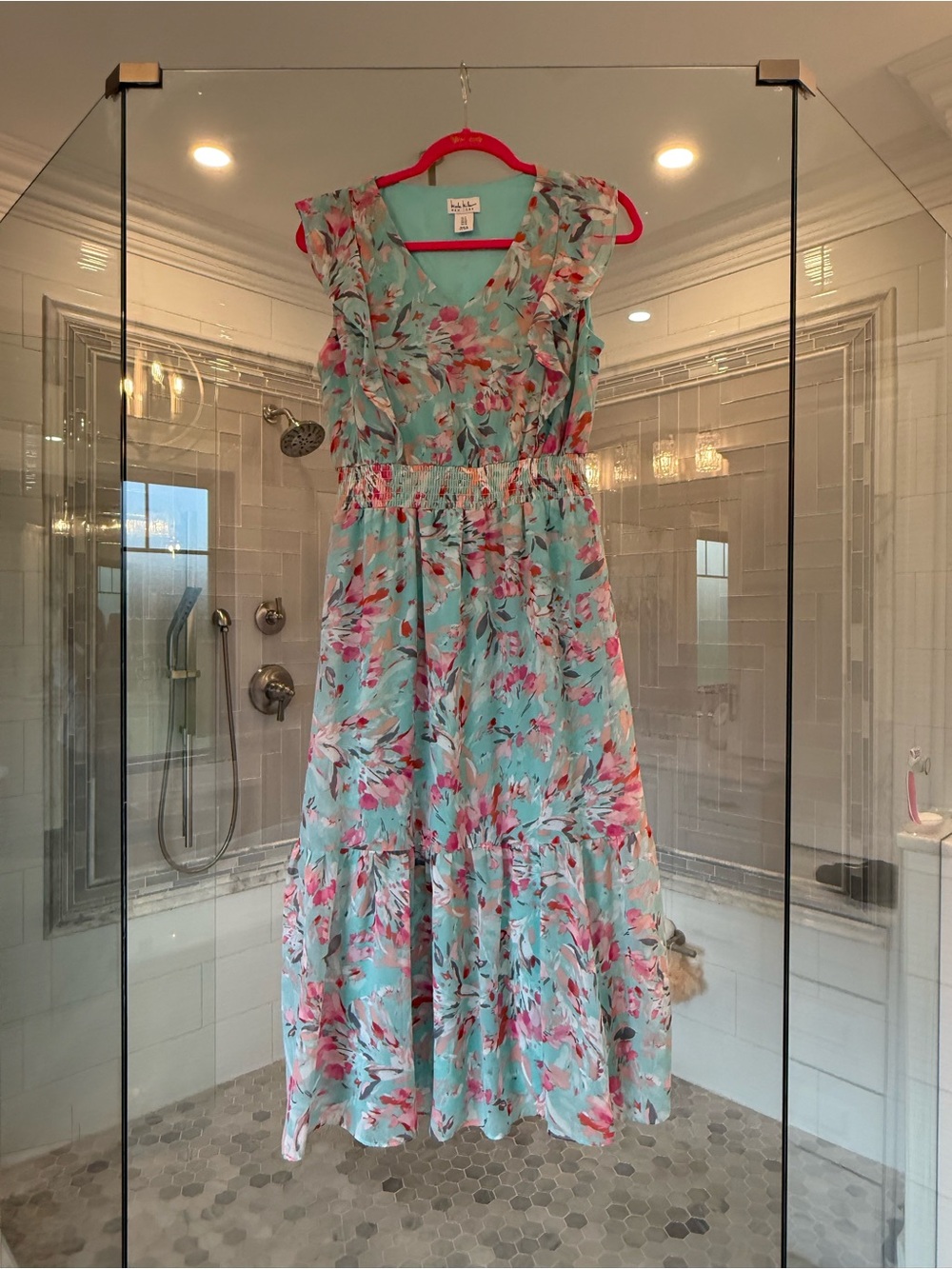 Nicole Miller Floral Tiered Maxi Dress in Aqua and Pink